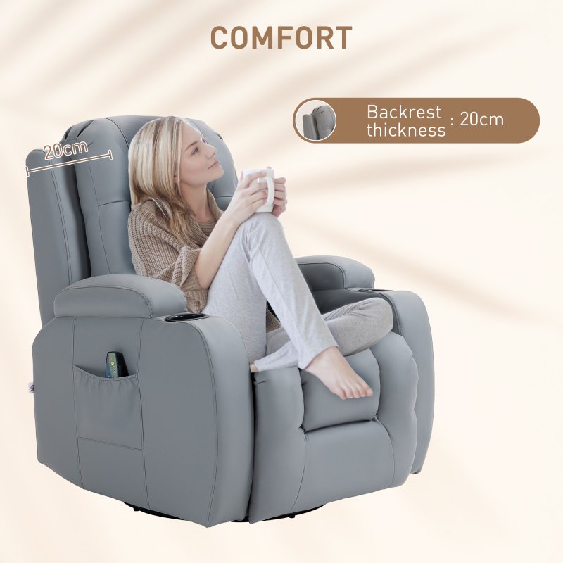 HOMCOM Massage Recliner Chair with 8 Vibration & Heat, PU Leather Recliner Armchair with Cup Holders and Side Pockets, Manual Reclining Chair with Remote, 360° Swivel, Rocking, Light Grey
