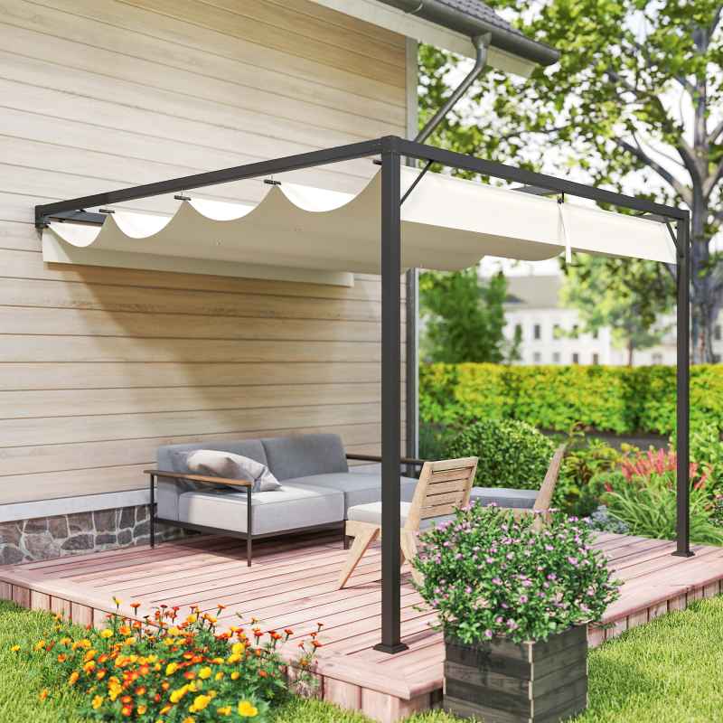 Outsunny 3 x 3(m) Outdoor Lean To Pergola Retractable Canopy Wall Mounted Gazebo Patio Shelter Sun Shade, Cream White