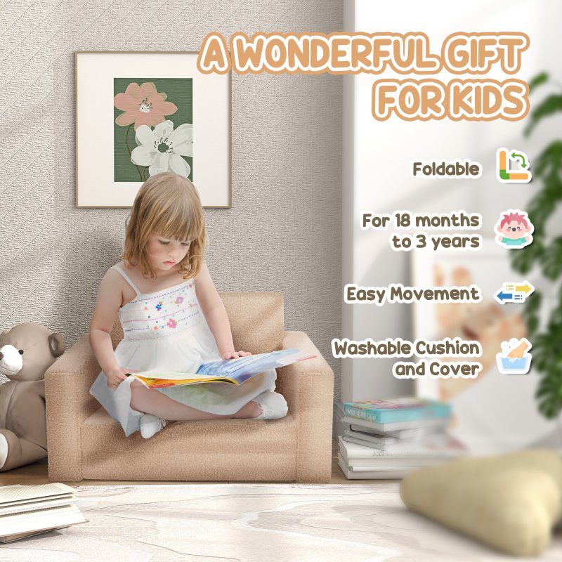 AIYAPLAY Toddler Sofa, Kids Sofa Bed, 2 in 1 Recliner Foldable Kids Armchair with Washable Cushion, Cover, for 1.5-3 Years Old, One Seater, Khaki