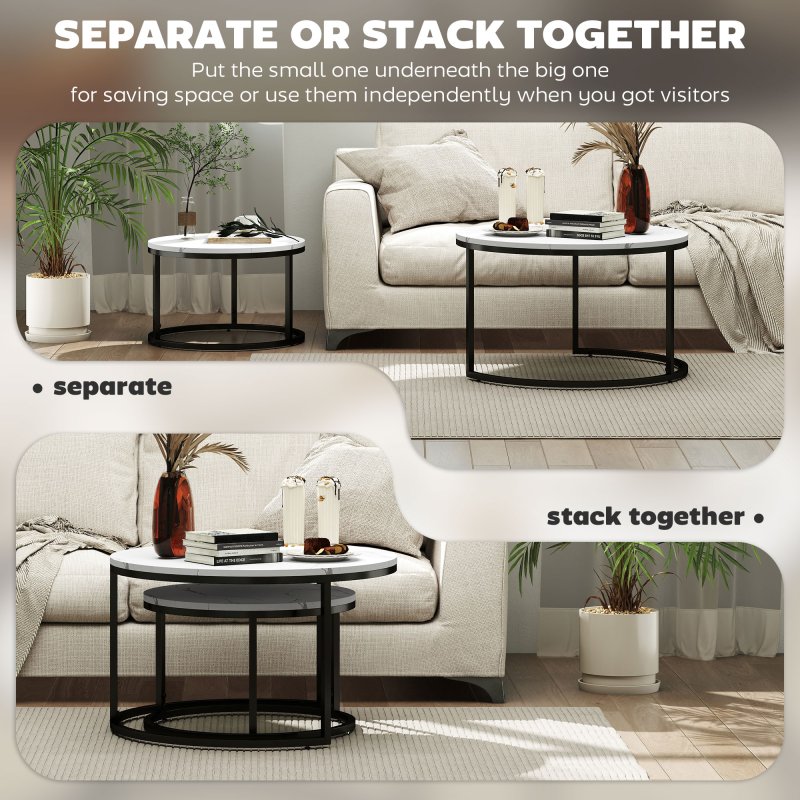 HOMCOM Round Nesting Coffee Table Set of 2, Large Stacking End Side Table with Steel Frame for Living Room, Bedroom, Home Office, 78.5 x 78.5 x 46.5 cm, Marble White