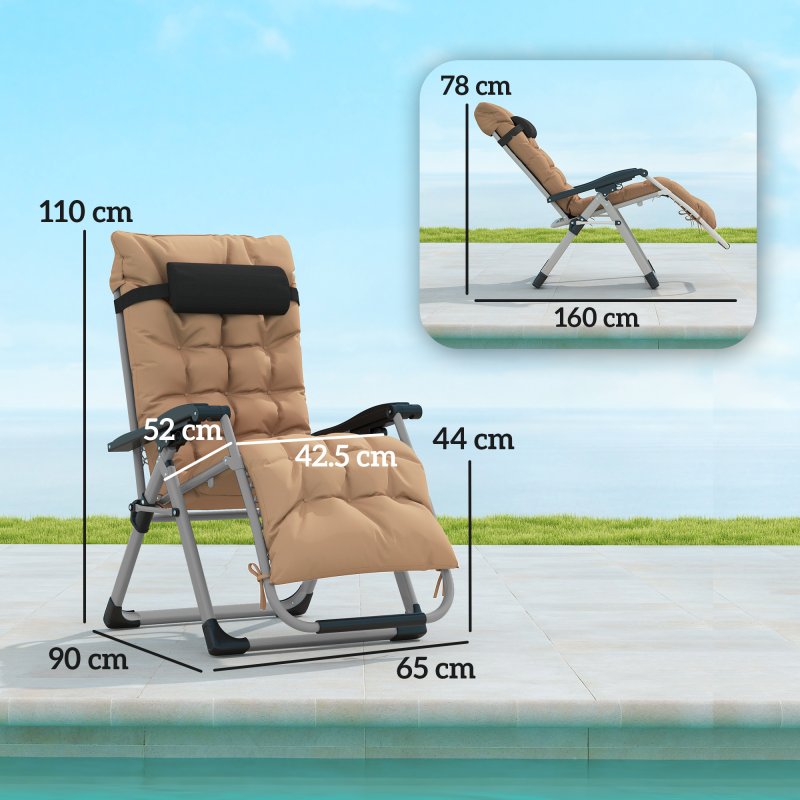 Outsunny 2 Piece Reclining Zero Gravity Chair Metal Frame Folding Garden Sun Lounger with Cushion Headrest, Khaki