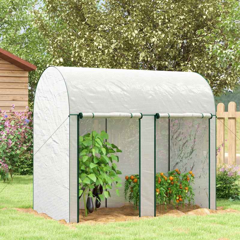 Outsunny Walk-In Greenhouse with Zipped Roll Up Doors, Small Tomato Greenhouse with Plastic Cover and Arched Top for Flowers, Vegetables and Herbs, 200 x 100 x 178cm, White