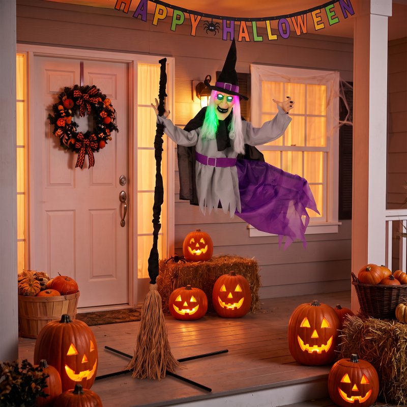 HOMCOM 200cm Life Size Animated Flying Witch Halloween Decorations Outdoor Indoor, Scary Halloween Animatronics Decor with Sound Touch Activated, Light Up Animated Prop for Yard Garden