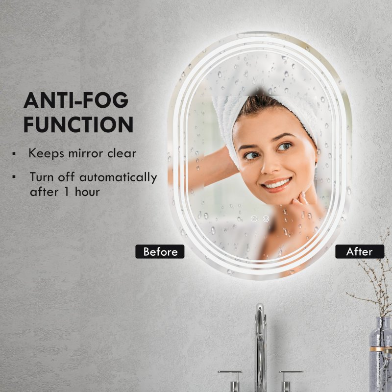 kleankin Bathroom Mirror with LED Lights, 70 x 50cm Dimmable Makeup Mirror with 3 Colour Light, Anti-fog, Memory Function, Touch Switch, Vertical or Horizontal Mounted