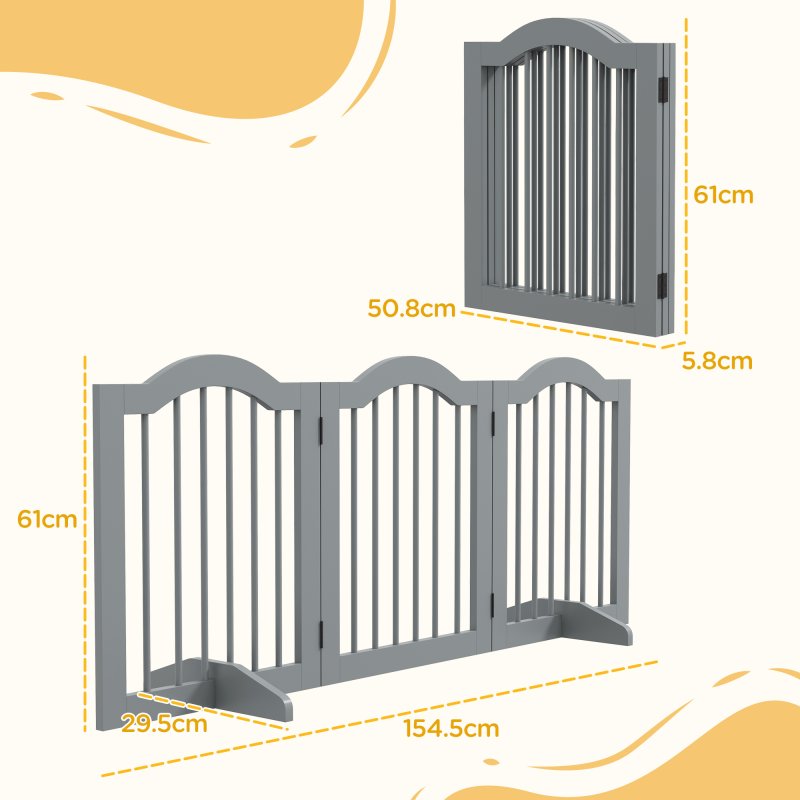 PawHut Freestanding Pet Gate Wooden Dog Gate with Support Feet Foldable Pet Fence Safety Barrier for the House Doorway Stairs Light Grey