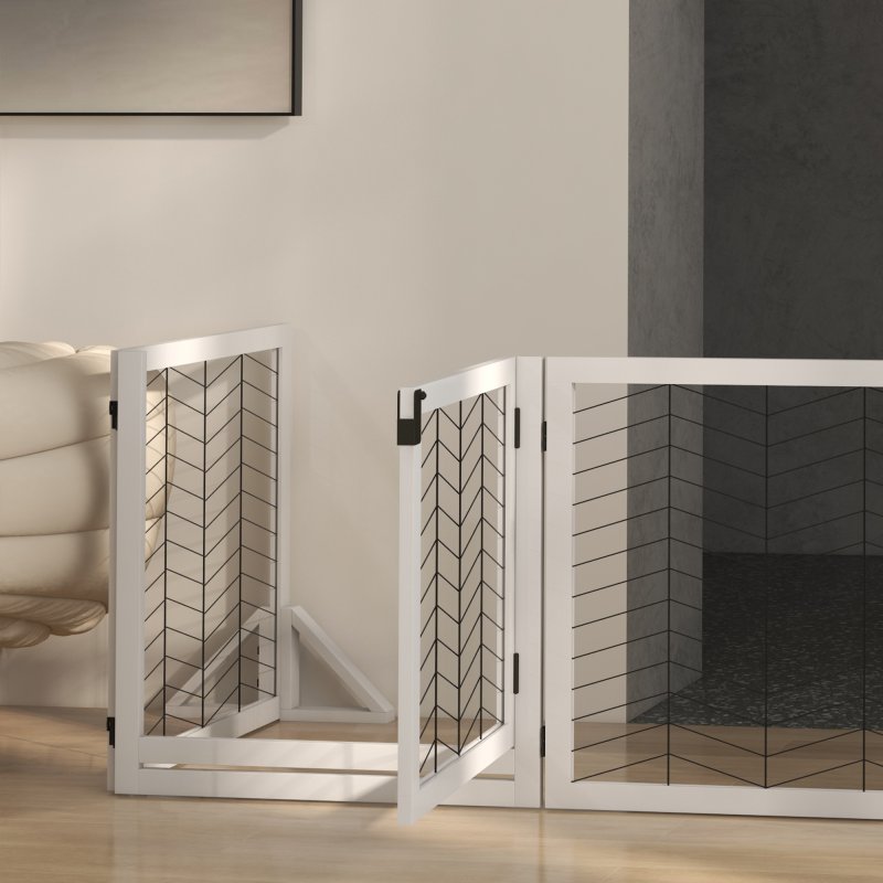 PawHut Freestanding Pet Gate, 8 Panels Dog Playpen, Foldable Dog Barrier with 2 Pcs Support Feet, for House, Doorway, Stairs, Small and Medium Dogs - White