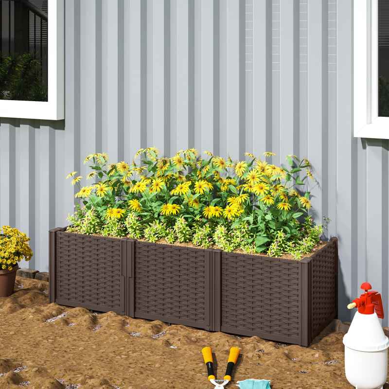 Outsunny Plastic Raised Garden Bed, Modular Planter Box Kit, Garden Fence Edging Border for Flowers, Vegetables, Herbs, Brown