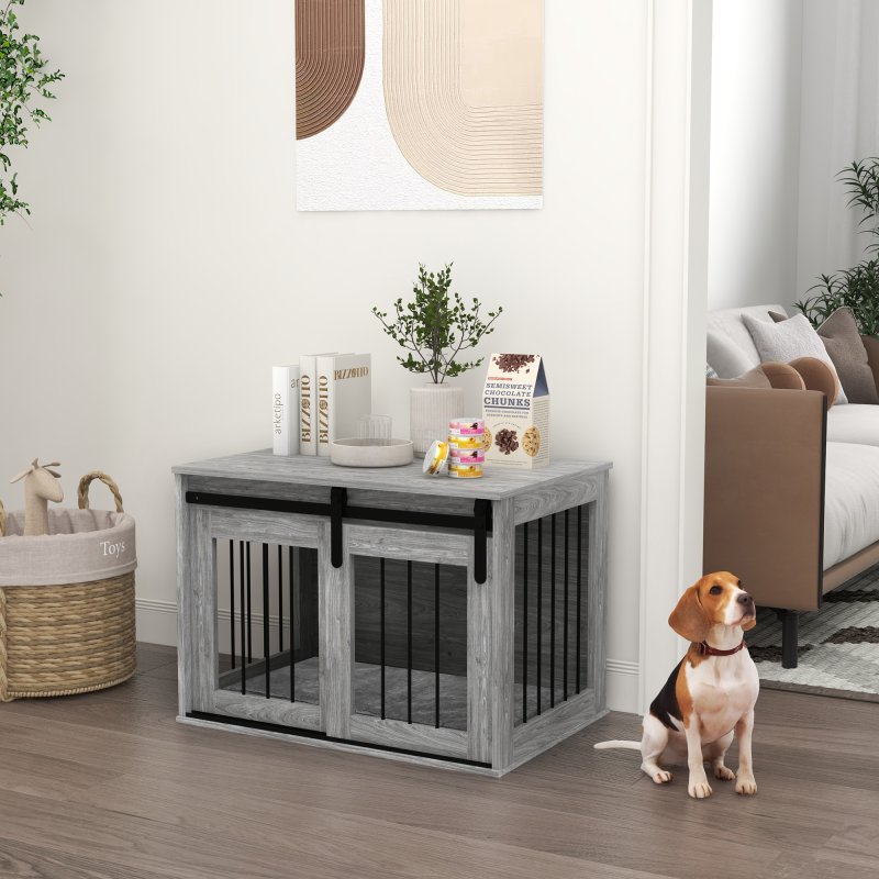 PawHut Dog Crate Furniture, Dog House Furniture Style for Medium Breeds, Pet Kennel with Removable Cushion for Indoor Use, 80 x 54 x 57cm, Grey