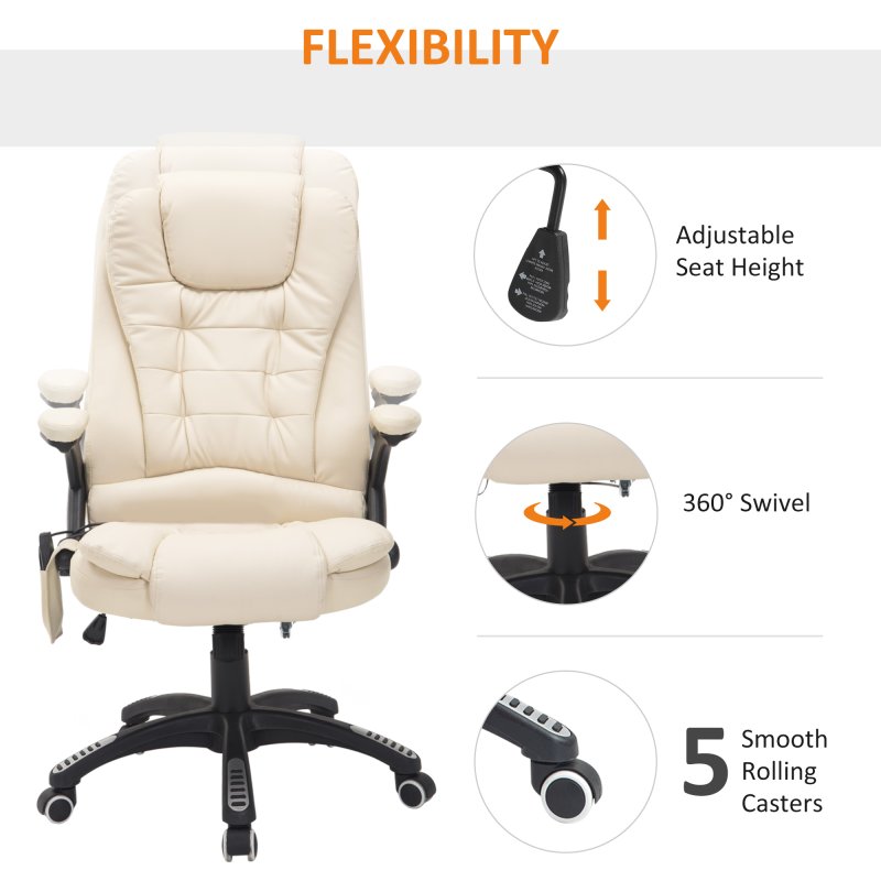 HOMCOM 6-Point Massage Office Chair with Seat Heated for Home Office, PU Leather High Back Executive Desk Chair with Adjustable Height and 360° Swivel for Work Study