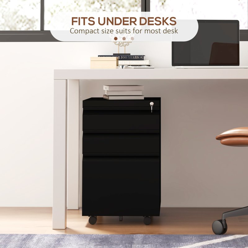 Vinsetto 3-Drawer Filing Cabinet with Lock, Mobile Steel File Cabinet for A4, Legal and Letter Size, Under Desk Drawers with Pre-Assembled Body for Home Office, 37 x 43.5 x 60 cm, Black