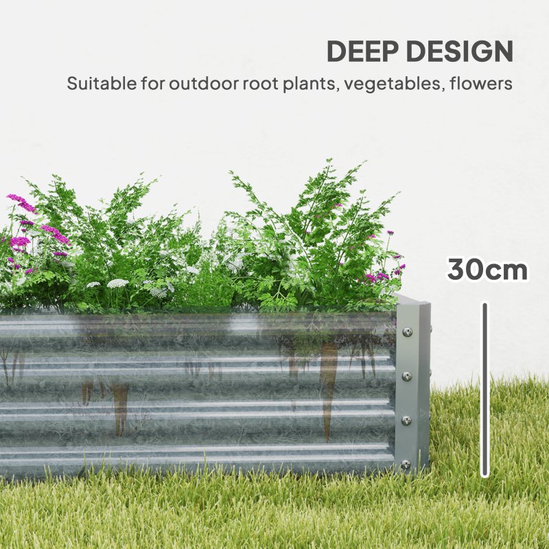 Outsunny Galvanised Raised Garden Bed, 180 x 90 x 30cm Raised Bed with Reinforcing Bars, Outdoor Raised Planter with Open Bottom for Vegetables, Flowers, Herbs, Silver
