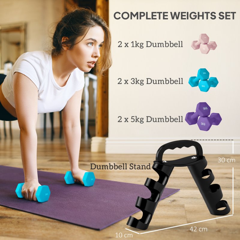 SPORTNOW Dumbbells Set with Carry Storage Rack, Set of 6 Weights for Home Gym, Kettlebell Training Weight Lifting Exercise, 2 x 1kg, 2 x 3kg, 2 x 5kg