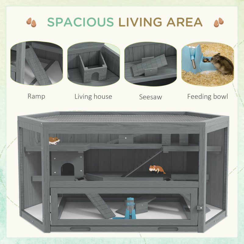 PawHut Wooden Large Hamster Cage Small Animal Exercise Play House 3 Tier with Sliding Tray, Seesaws, Water Bottle, Grey