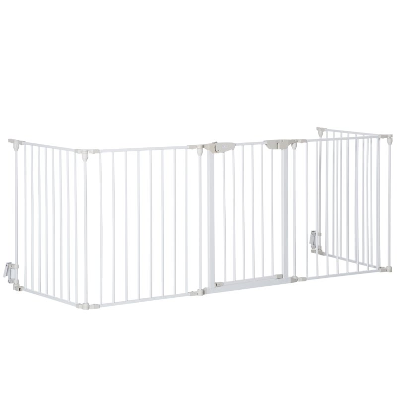 PawHut Pet Safety Gate, 5 Panels Playpen Fireplace, Metal Fence, Stair Barrier, Room Divider w/ Walk-Through Door - White