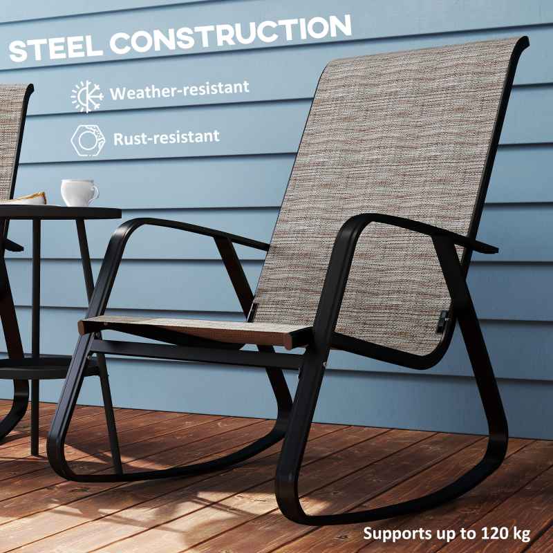 Outsunny Garden Rocking Chairs Set of 2, Ergonomic Outdoor Rocking Chairs with Armrests, High Backrest, Steel Frame Relaxing Rocker Armchair Seats for Patio, Balcony, Porch, Light Brown