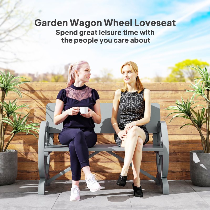 Outsunny Wooden Garden Bench, 2 Seater Outdoor Bench Outdoor with Wagon Wheel Armrests and High Back, Grey