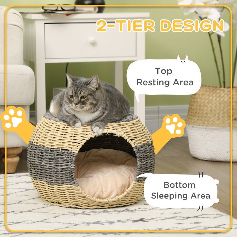 PawHut Wicker Cat House, Rattan Raised Cat Bed, Cosy Kitten Cave with Soft Washable Cushion, 40 x 30cm