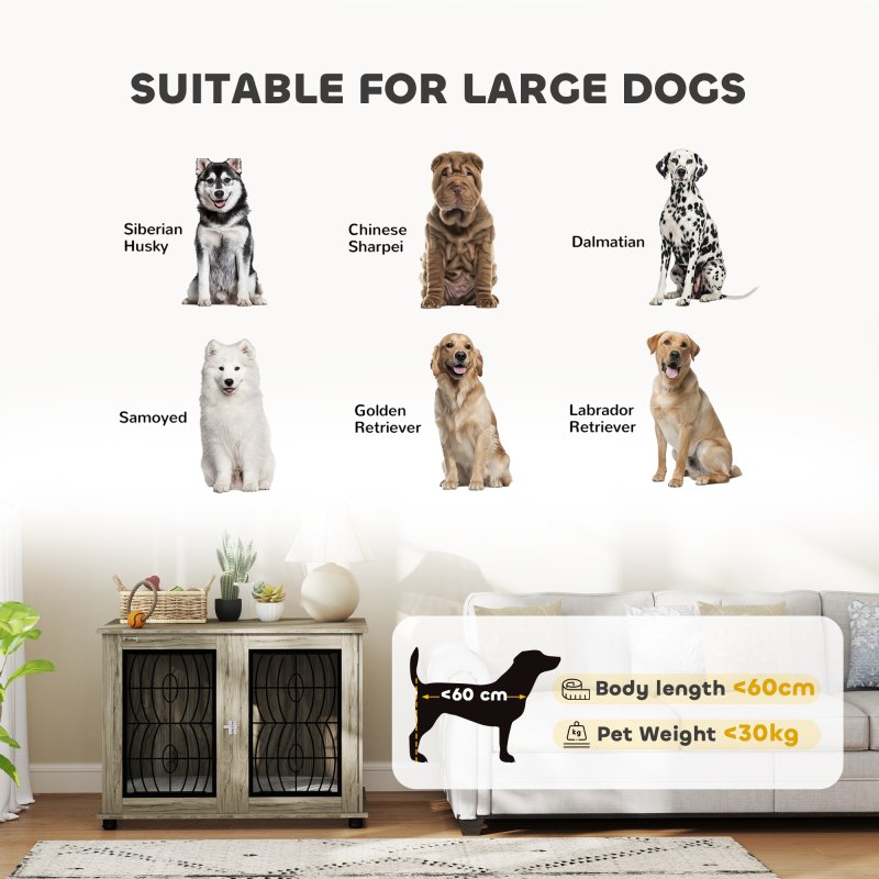 PawHut Dog Crate Furniture, Dog Cage with Soft Washable Cushion, Furniture-Style Pet Kennel Indoor House End Side Table for Small Medium Large Breeds, 100 x 60 x 73.5 cm, Grey