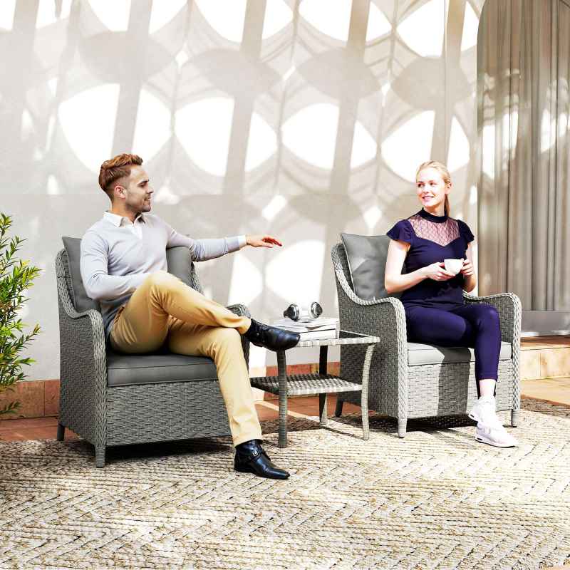 Outsunny Rattan Garden Chairs Set of 2, Outdoor Rattan Chairs with Cushions, Armrests and High Back, PE Wicker Garden Armchair with Steel Frame for Balcony, Porch, Dark Grey