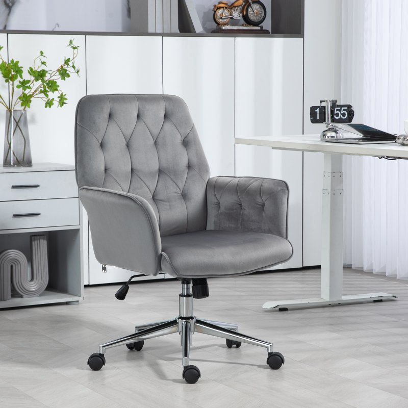 Vinsetto Office Desk Chair, Velvet-Feel Fabric Vanity Chair with Height Adjustable, Armrest, Swivel Chair for Home, Dark Grey
