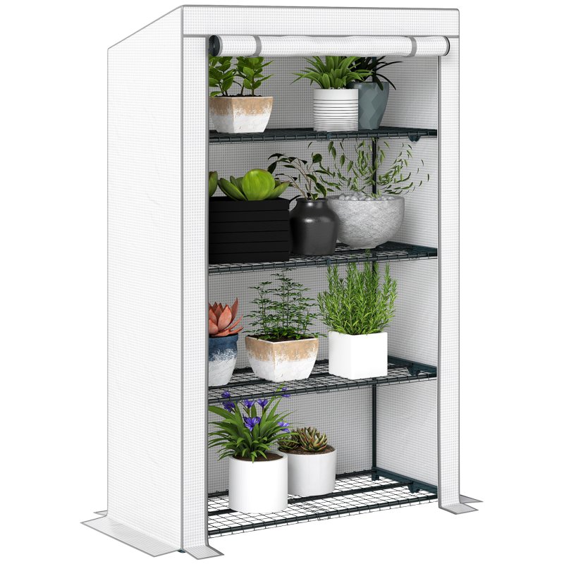 Outsunny 4 Tier Lean-to Mini Greenhouse with Reinforced PE Cover, Portable Small Greenhouse with Roll-Up Door, Grey Hemmed Edging, 110 x 50 x 171cm, Grey