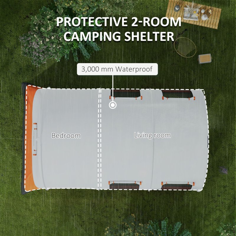 Outsunny 5-6 Man Camping Tent, 3000mm Waterproof Tunnel Family Tent Shelter with Bedroom and Adjustable Living Room, Easy Setup with Carry Bag, Cream and Orange