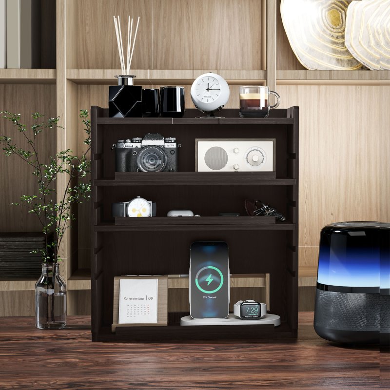 HOMCOM 4-Tier Desk Organiser, Multifunctional Assembled Desktop Organiser with Adjustable Shelves and Cable Management for Stationery, Office Supplies, Paper, Dark Brown