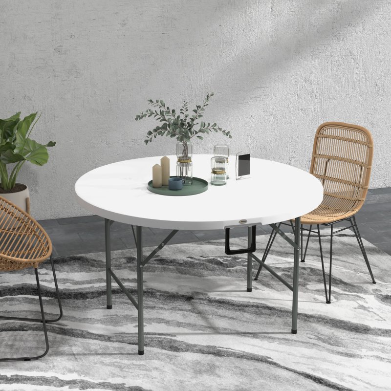 Outsunny Folding Garden Table, 122 cm Round HDPE Outdoor Picnic Table for 6, Metal Frame for Patio, Park, White
