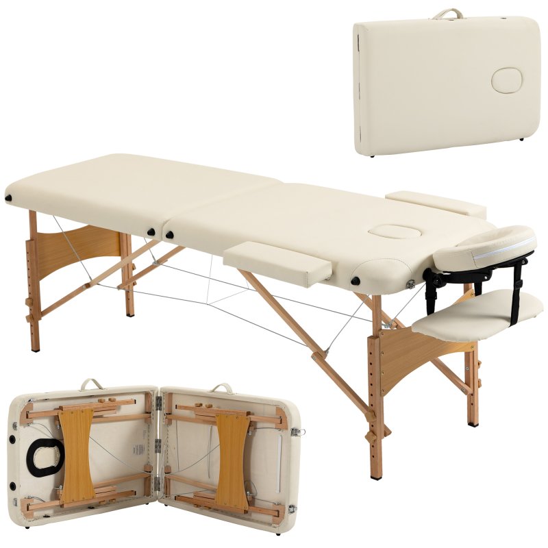 HOMCOM Portable Massage Bed, Folding Spa Beauty Massage Table with 2 Sections, Carry Bag and Wooden Frame, Cream White