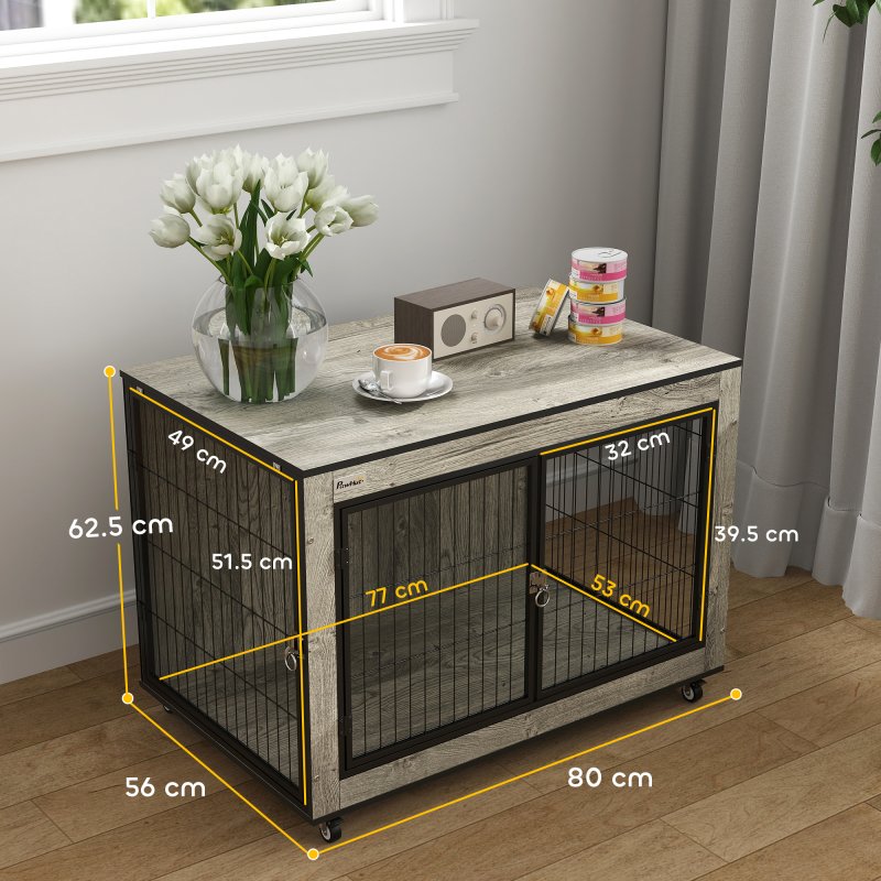 PawHut Dog Crate Furniture on Wheels, Dog Cage End Side Table with Lockable Double Doors, for Medium Breeds, 80 x 56 x 62.5cm, Grey