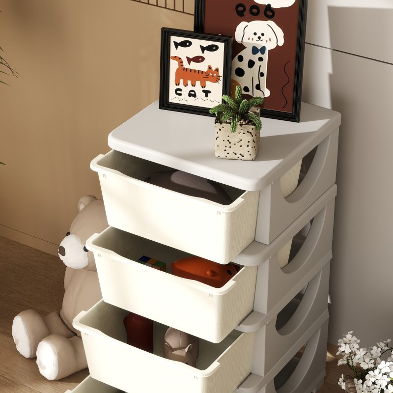 HOMCOM Kids Storage Units with 4 Drawers 4 Tier Chest Vertical Dresser Tower Toy Organiser for Nursery Playroom Kindergarten Cream