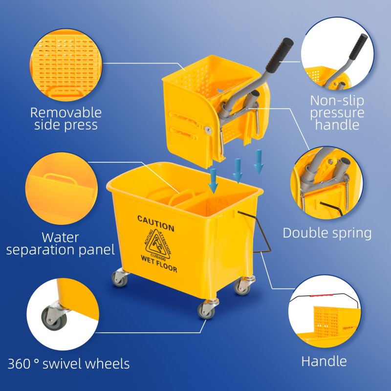 HOMCOM 20L Mop Bucket with Wringer and Handle, Mop Bucket on Wheels for Floor Cleaning, Separate Dirty and Clean Water