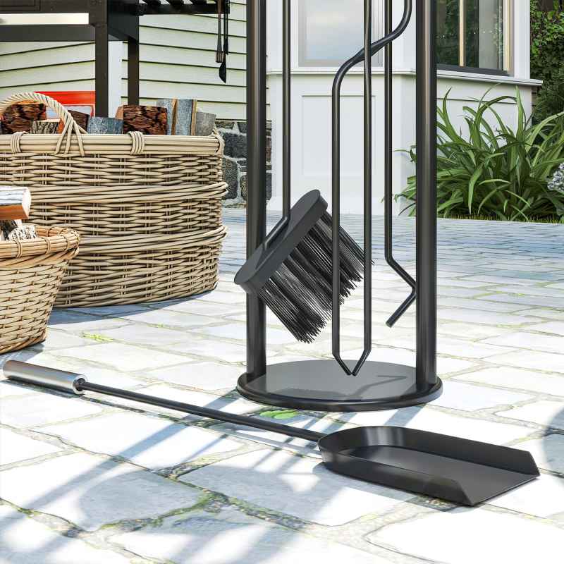 Outsunny 5 Pieces Fireplace Tools Set, Metal Fireplace Accessories Fireside Companion Set with Broom, Shovel, Poker and Bucket, Silver