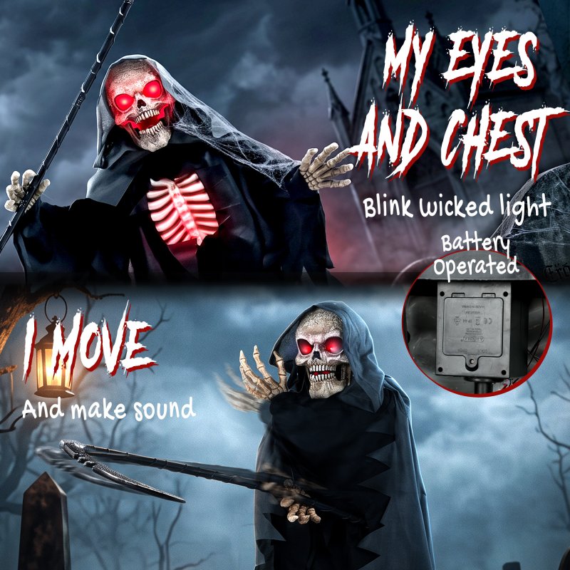 HOMCOM 67"/170cm Life Size Animated Grim Reaper Halloween Decorations Outdoor Indoor, Scary Halloween Animatronics Decor with Sound Touch Activated, Animated Prop with Light Up Eyes for House Garden