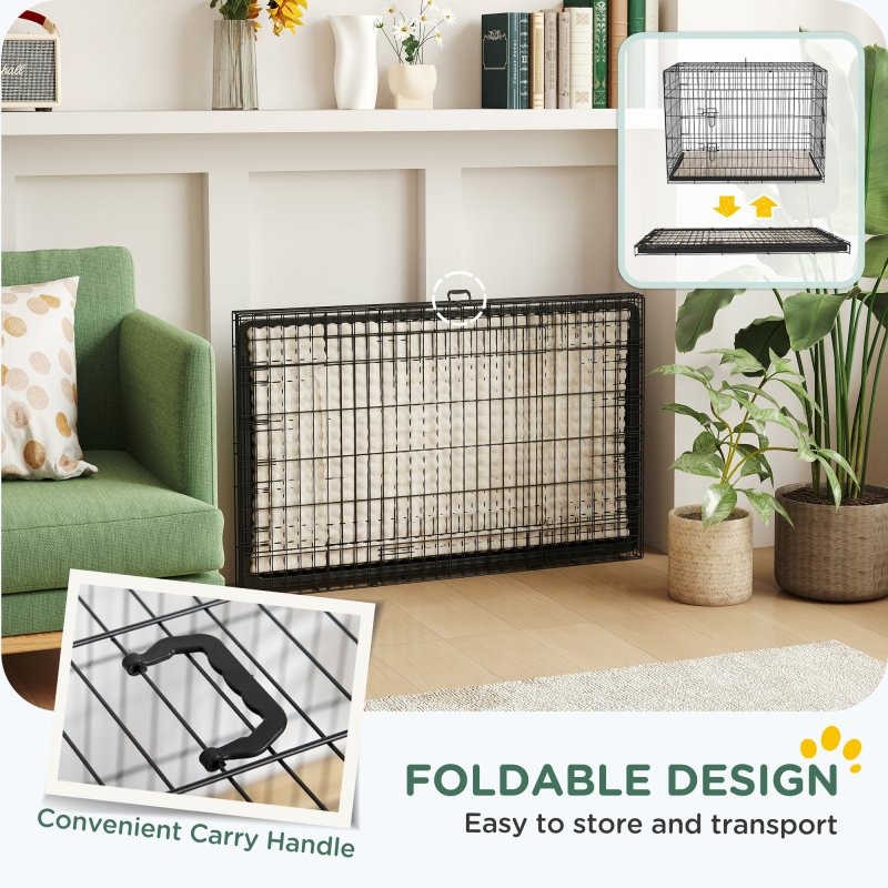 PawHut Dog Crate, Folding Metal Dog Cage with Two Doors, Tray, Soft Cushion, for Extra Large Dogs, 105 x 70 x 75 cm, Black