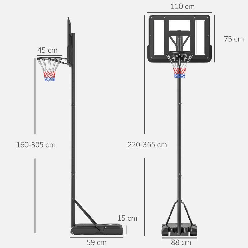 HOMCOM Portable Freestanding Basketball Hoop Stand Transparent Backboard 160-305cm Adjustable Basketball Hoop with Two Moving Wheels For Adult Outdoor & Indoor Use