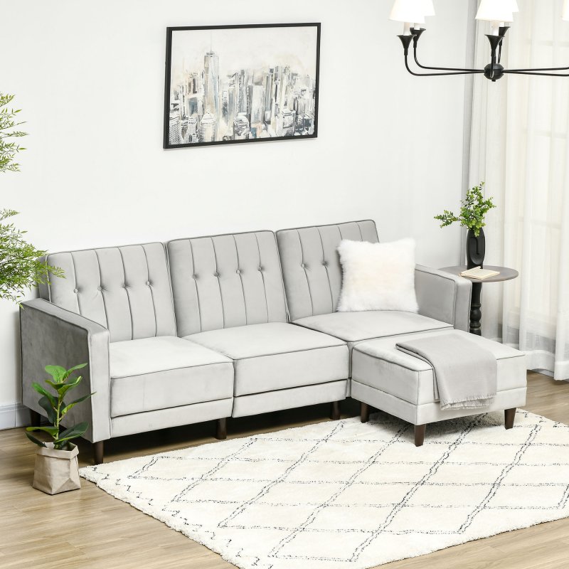 HOMCOM Corner Sofa Bed Reversible 3-Seater Sectional Sofa Set Velvet-Touch Sleeper Futon with Footstool, Light Grey