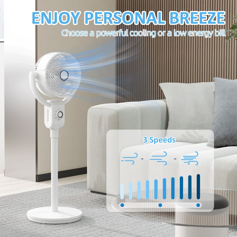 HOMCOM 10" Pedestal Fan, 70°+90° Oscillating Air Circulation Fan with 3 Speeds, Dense Mesh, Easy Assembly, for Home Office, Bedroom, White