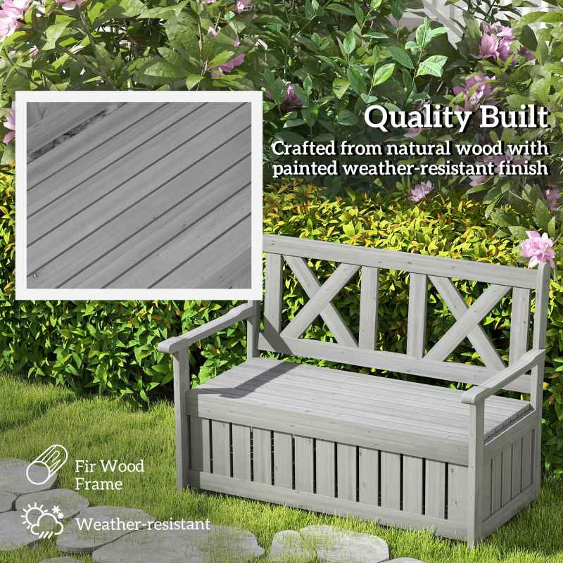 Outsunny Wood Garden Bench 2 Seater Storage Chest Patio Seating Chair with High Back and Armrest, Charcoal Grey