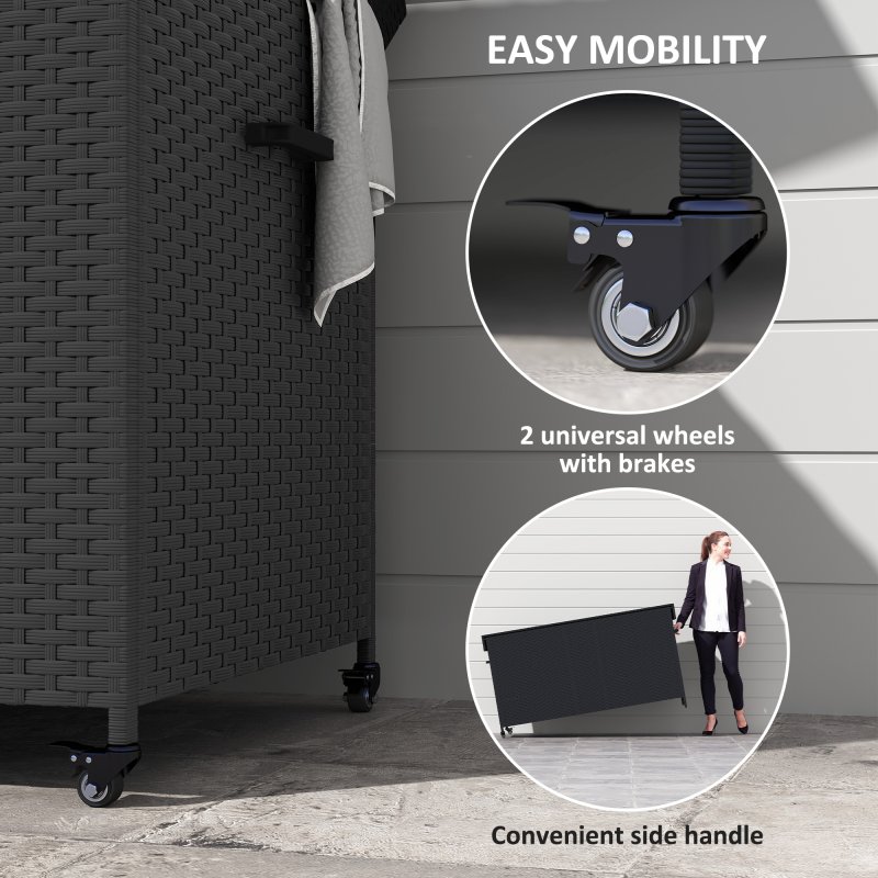 Outsunny 627 L Rattan Garden Storage Box, Outdoor Garden Cushion Storage Box with Gas Lift Lid and Wheels, Outdoor Rattan Chest Container for Cushions, Pillows and Tools, Black