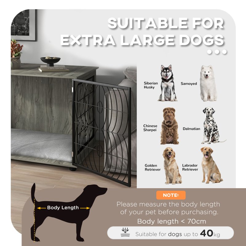 PawHut Dog Crate Furniture, Dog Cage End Table with Large Top, Soft Washable Cushion, Lockable Front Door, Wire Mesh Ventilation, Indoor Pet Crate for Extra Large Sized, 118 x 75 x 82cm - Grey