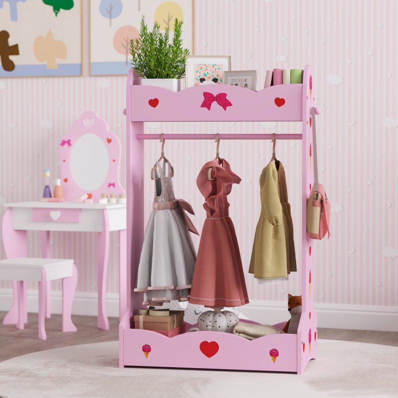 AIYAPLAY Kids Clothes Rail, Dress Up Rail with Top, Bottom Storage Shelves, for Bedroom, Kids Room, Nursery, 70 x 37 x 103cm, Hot Pink