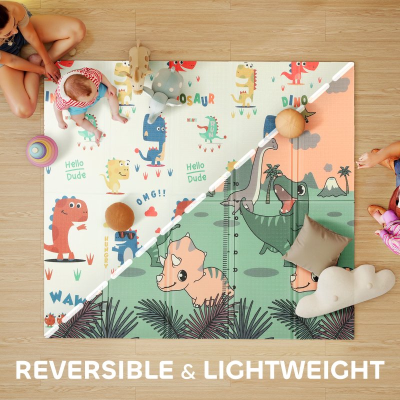 AIYAPLAY Baby Play Mat Double Sided, Foldable & Reversible Activity Playmat, Waterproof Kids Foam Crawling Mat for Outdoor Indoor Playtime Picnics, 196 x 176 x 1.5cm, Dinosaur Theme