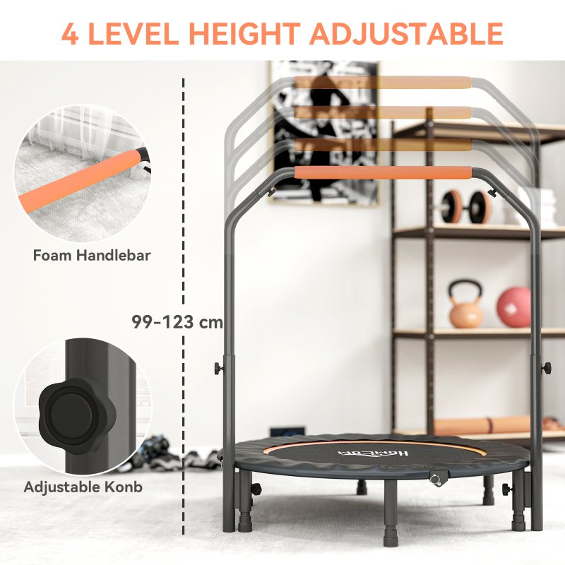 HOMCOM 45" Foldable Mini Trampoline Fitness Trampoline Rebounder for Adults with Adjustable Foam Handle, for Indoors, Outdoors, Cardio Training, Orange