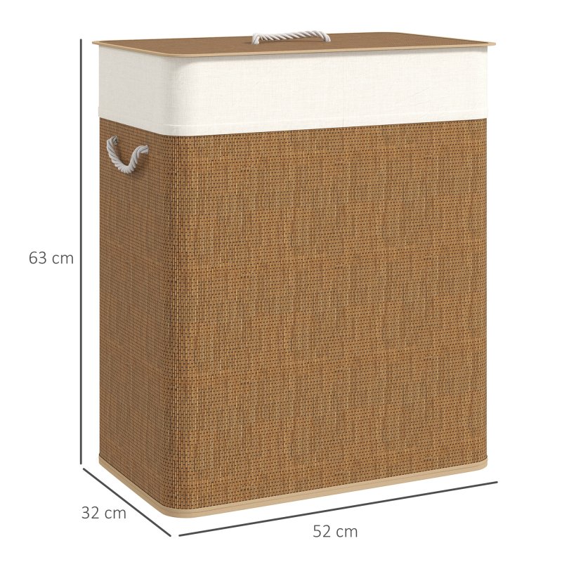 HOMCOM Double Laundry Basket with Lid, 100L Bamboo Laundry Hamper with Rope Handles, Washing Basket with Removable Liner for Bathroom, Bedroom