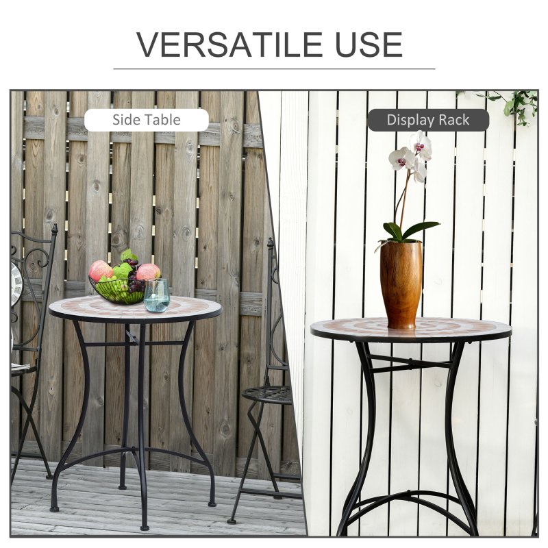 Outsunny 60 cm Mosaic Garden Table, Small Round Outdoor Side Table with Ceramic Top, Plant Stand for Patio, Balcony, Orange and White