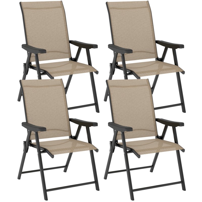 Outsunny Set of 4 Folding Chair, Garden Chair Set with Breathable Mesh Back and Seat, Outdoor Camping Chairs with Armrests, Steel Frame for Deck Balcony, Brown