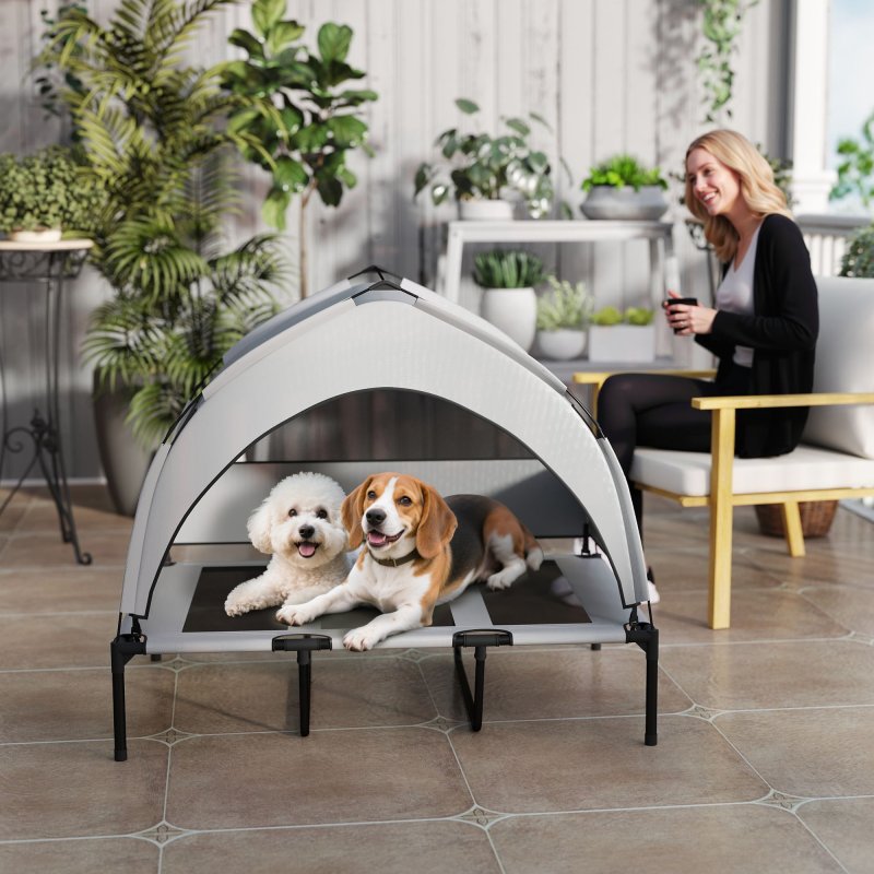 PawHut Elevated Dog Bed with Removable Canopy, Portable Cooling Raised Pet Cot with Breathable Mesh, Storage Bag, for Indoor Outdoor Use, for Large Dogs, 106 x 76 x 94 cm, Light Grey