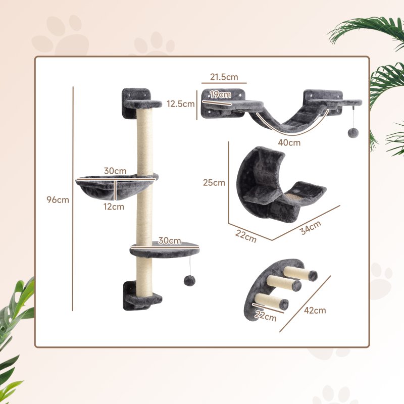 PawHut 4 Piece Cat Shelves, Cat Wall Furniture with Hammock, Scratching Posts, Soft Ladder, Steps, Jump Platforms, for Indoor Kittens - Dark Grey