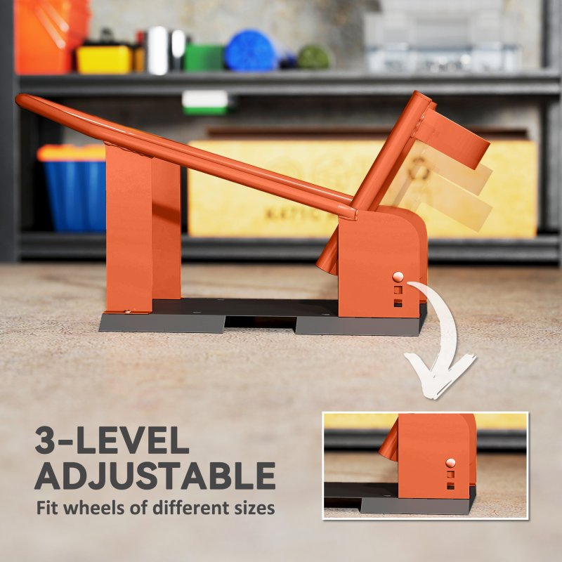HOMCOM Motorcycle Wheel Chock, 816.5 kg Capacity Heavy Duty Steel Motorcycle Front Wheel Chock Holder with 3 Height Adjustable Holes, Fits 381-533.4 mm Wheels, Orange